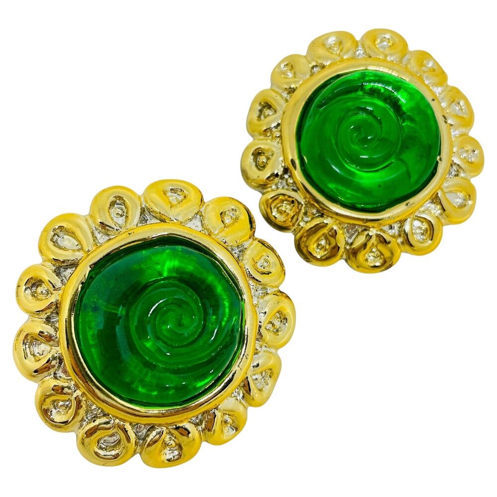 Vintage gold tone green resin designer 80's clip on earrings